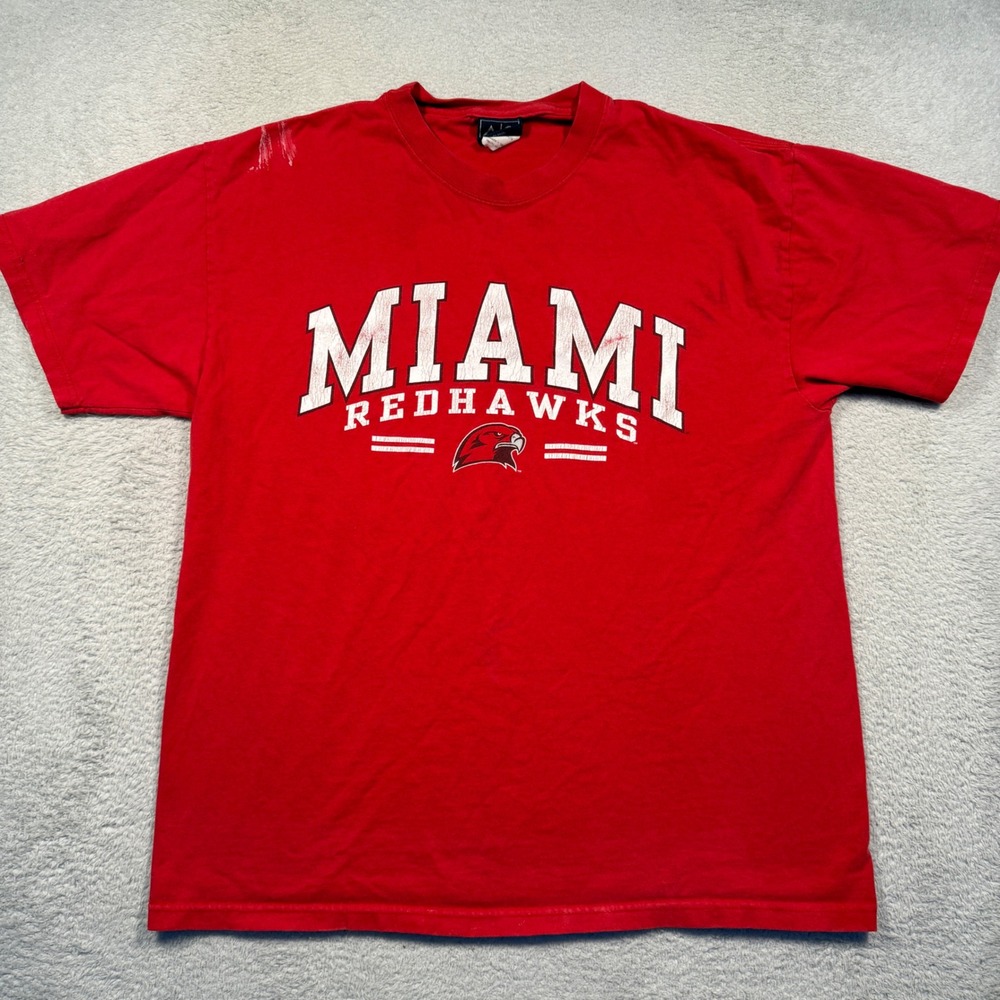 Vintage Miami Redhawks Tee Shirt Men's Large Red Sports Graphic‎ Tee 100% Cotton